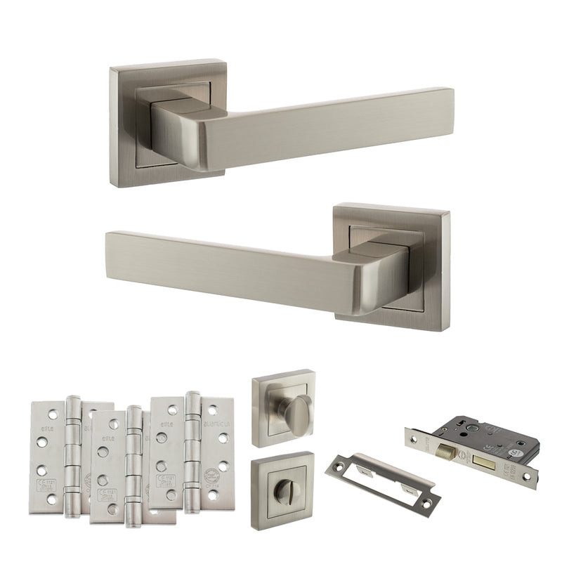 STATUS Montana Door Handle Pack (Bathroom Set - 2.5" CE Bathroom Lock, 4" Fire Rated Hinges x3) - Satin Nickel - ADPS40SSN10