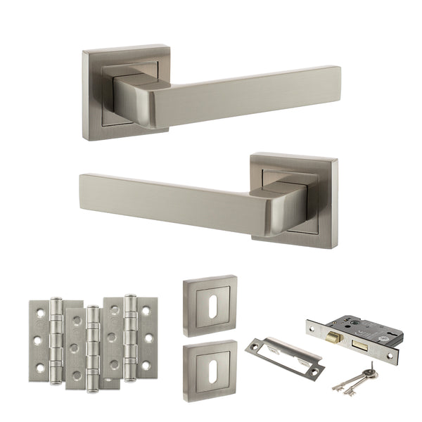 STATUS Montana Door Handle Pack (3 Lever Lock Set - 3" CE Sashlock, 3" Fire Rated Hinges x3) - Satin Nickel - ADPS40SSN15 - Choice Handles