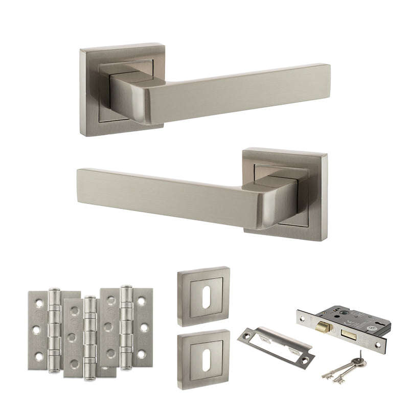 STATUS Montana Door Handle Pack (3 Lever Lock Set - 3" CE Sashlock, 3" Fire Rated Hinges x3) - Satin Nickel - ADPS40SSN15 - Choice Handles