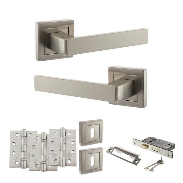 STATUS Montana Door Handle Pack (3 Lever Lock Set - 3" CE Sashlock, 4" Fire Rated Hinges x3) - Satin Nickel - ADPS40SSN17 - Choice Handles