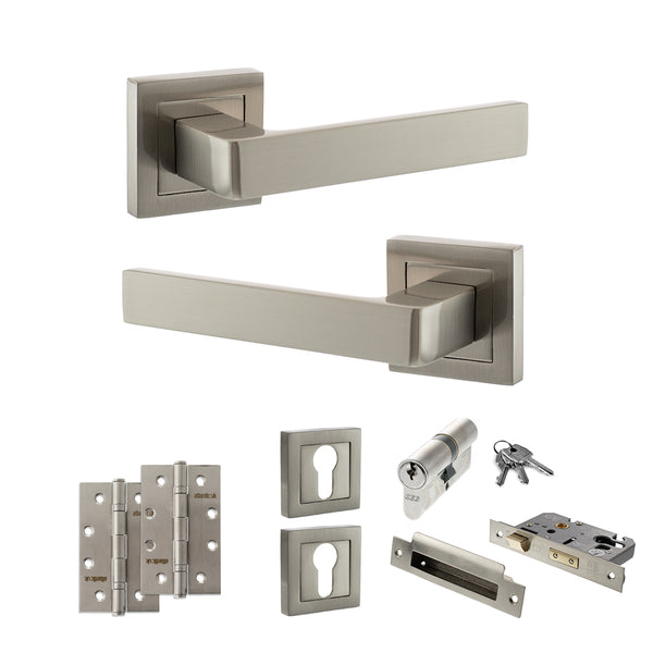 STATUS Montana Door Handle Pack (Euro Lock Set - 2.5" CE Sashlock, 4" Slim Knuckle Hinges x2) - Satin Nickel - ADPS40SSN24 - Choice Handles