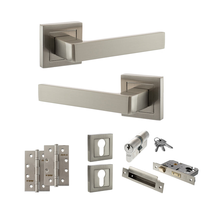 STATUS Montana Door Handle Pack (Euro Lock Set - 2.5" CE Sashlock, 4" Slim Knuckle Hinges x2) - Satin Nickel - ADPS40SSN24 - Choice Handles