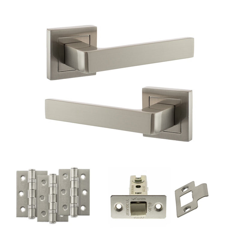 STATUS Montana Door Handle Pack (Latch Set - 3" CE Latch, 3" Fire Rated Hinges x3) - Satin Nickel - ADPS40SSN2 - Choice Handles