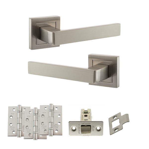 STATUS Montana Door Handle Pack (Latch Set - 3" CE Latch, 4" Fire Rated Hinges x3) - Satin Nickel - ADPS40SSN4 - Choice Handles