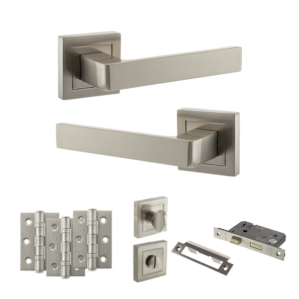 STATUS Montana Door Handle Pack (Bathroom Set - 3" CE Bathroom Lock, 3" Fire Rated Hinges x3) - Satin Nickel - ADPS40SSN9 - Choice Handles