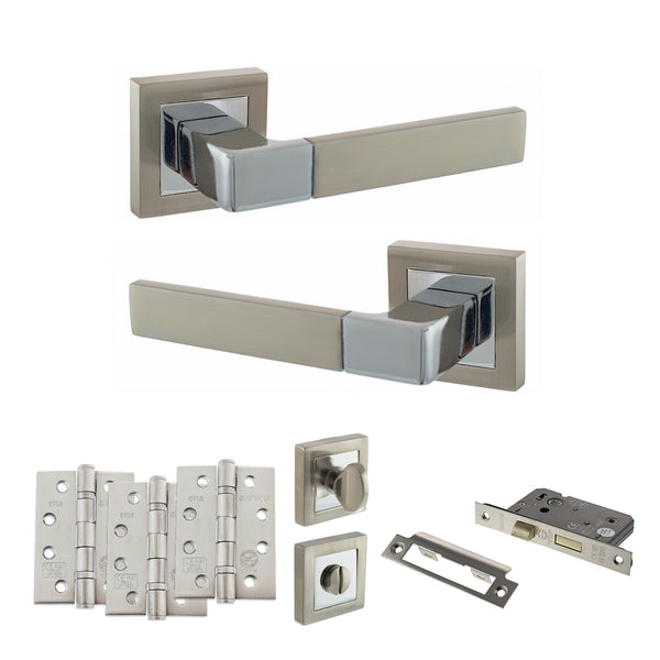 STATUS Montana Door Handle Pack (Bathroom Set - 3" CE Bathroom Lock, 4" Fire Rated Hinges x3) - Satin Nickel/Polished Chrome - ADPS40SSNPC11 - Choice Handles