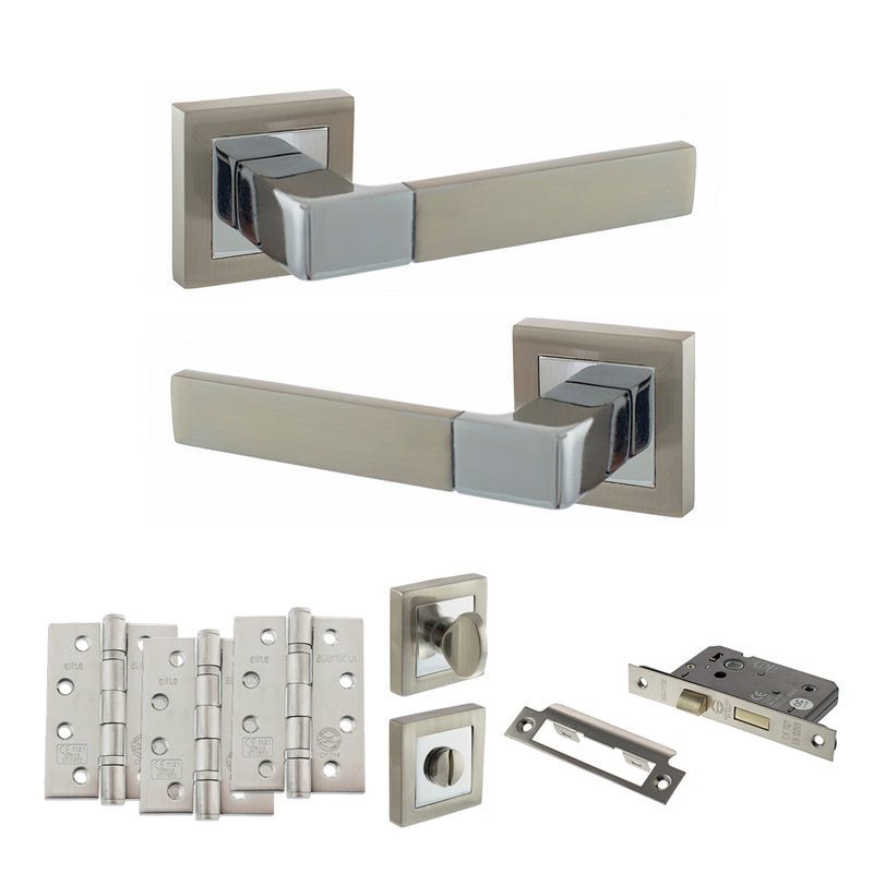 STATUS Montana Door Handle Pack (Bathroom Set - 3" CE Bathroom Lock, 4" Fire Rated Hinges x3) - Satin Nickel/Polished Chrome - ADPS40SSNPC11 - Choice Handles