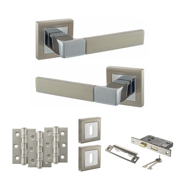 STATUS Montana Door Handle Pack (3 Lever Lock Set - 3" CE Sashlock, 3" Fire Rated Hinges x3) - Satin Nickel/Polished Chrome - ADPS40SSNPC15 - Choice Handles