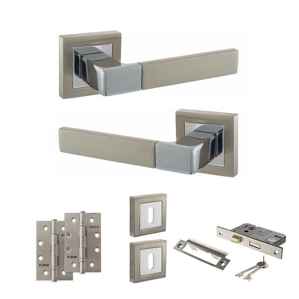 STATUS Montana Door Handle Pack (3 Lever Lock Set - 3" CE Sashlock, 4" Slim Knuckle Hinges x2) - Satin Nickel/Polished Chrome - ADPS40SSNPC19 - Choice Handles