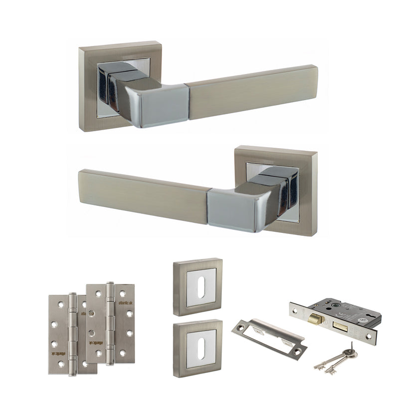 STATUS Montana Door Handle Pack (3 Lever Lock Set - 3" CE Sashlock, 4" Slim Knuckle Hinges x2) - Satin Nickel/Polished Chrome - ADPS40SSNPC19 - Choice Handles