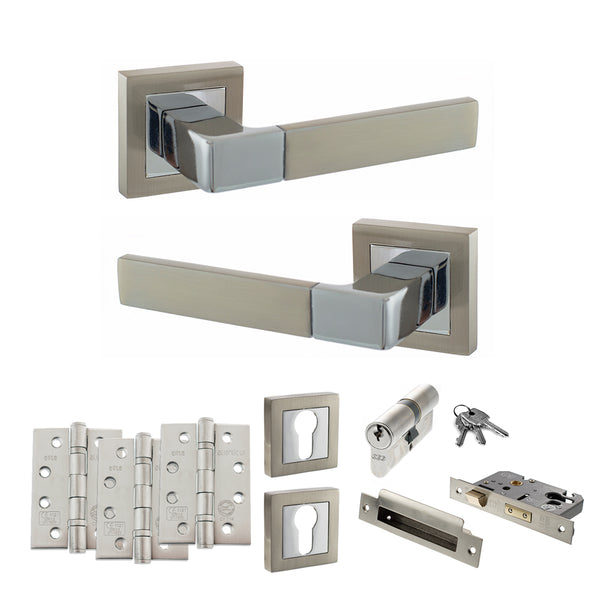 STATUS Montana Door Handle Pack (Euro Lock Set - 3" CE Sashlock, 4" Fire Rated Hinges x3) - Satin Nickel/Polished Chrome - ADPS40SSNPC23 - Choice Handles