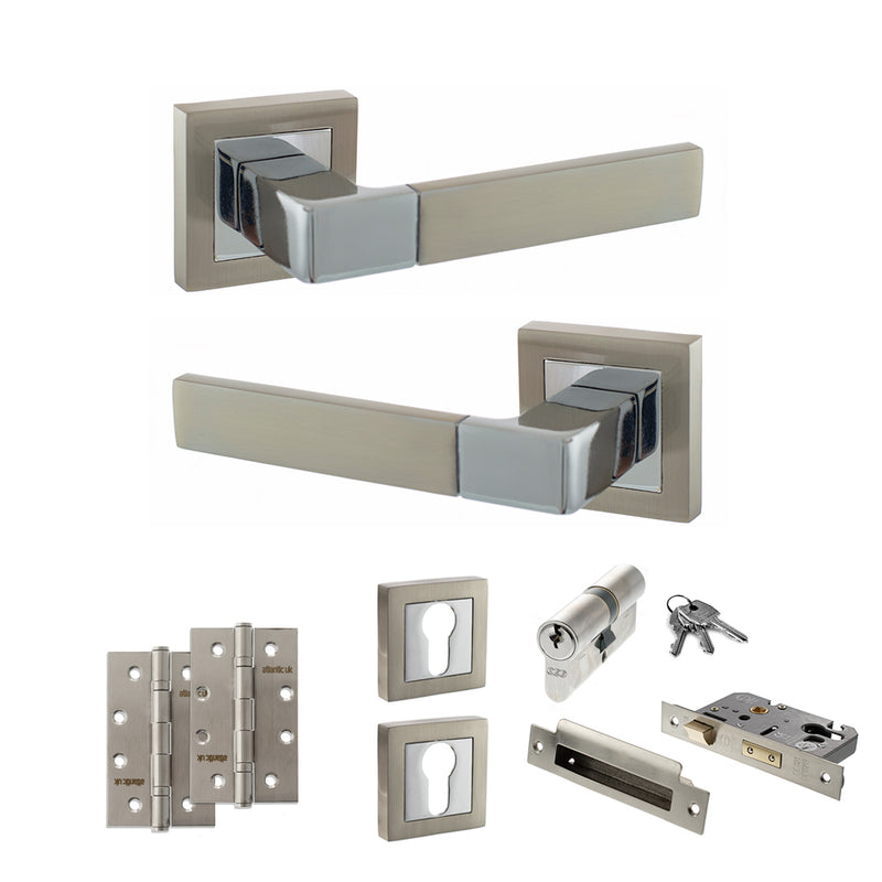 STATUS Montana Door Handle Pack (Euro Lock Set - 2.5" CE Sashlock, 4" Slim Knuckle Hinges x2) - Satin Nickel/Polished Chrome - ADPS40SSNPC24 - Choice Handles