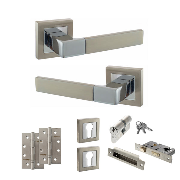 STATUS Montana Door Handle Pack (Euro Lock Set - 3" CE Sashlock, 4" Slim Knuckle Hinges x2) - Satin Nickel/Polished Chrome - ADPS40SSNPC25 - Choice Handles