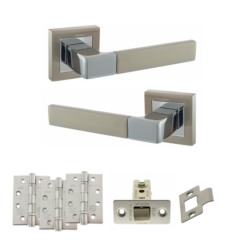 STATUS Montana Door Handle Pack (Latch Set - 3" CE Latch, 4" Fire Rated Hinges x3) - Satin Nickel/Polished Chrome - ADPS40SSNPC4 - Choice Handles