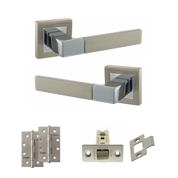 STATUS Montana Door Handle Pack (Latch Set - 3" CE Latch, 4" Slim Knuckle Hinges x2) - Satin Nickel/Polished Chrome - ADPS40SSNPC6 - Choice Handles