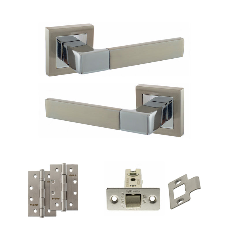 STATUS Montana Door Handle Pack (Latch Set - 3" CE Latch, 4" Slim Knuckle Hinges x2) - Satin Nickel/Polished Chrome - ADPS40SSNPC6