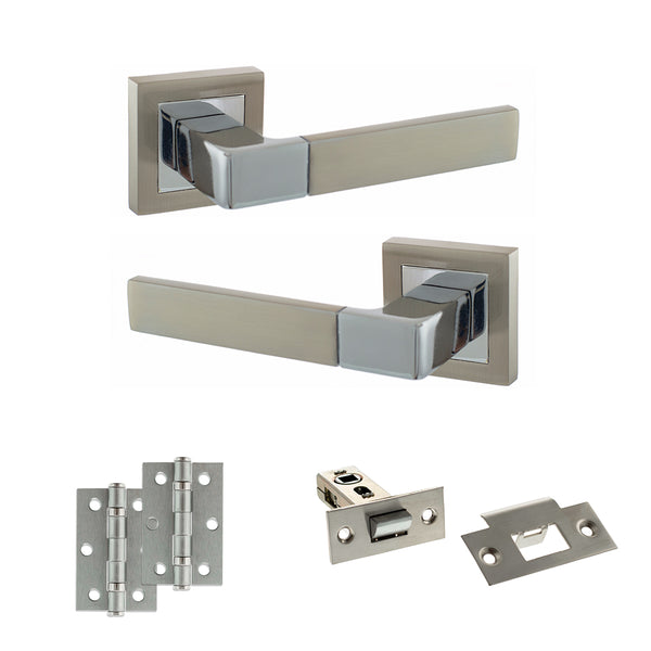 STATUS Montana Door Handle Pack (Latch Set - 2.5" Latch, 3" Hinges x2) - Satin Nickel/Polished Chrome - ADPS40SSNPC7 - Choice Handles