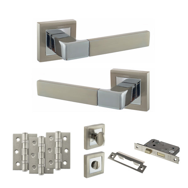 STATUS Montana Door Handle Pack (Bathroom Set - 3" CE Bathroom Lock, 3" Fire Rated Hinges x3) - Satin Nickel/Polished Chrome - ADPS40SSNPC9 - Choice Handles