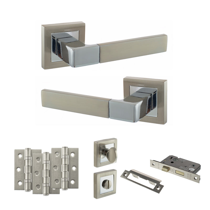 STATUS Montana Door Handle Pack (Bathroom Set - 3" CE Bathroom Lock, 3" Fire Rated Hinges x3) - Satin Nickel/Polished Chrome - ADPS40SSNPC9 - Choice Handles