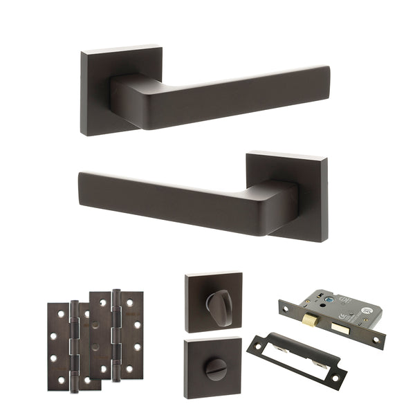 STATUS Montana Door Handle Pack (Bathroom Set - 2.5" CE Bathroom Lock, 4" Slim Knuckle Hinges x2) - Urban Dark Bronze - ADPS40SUDB12 - Choice Handles