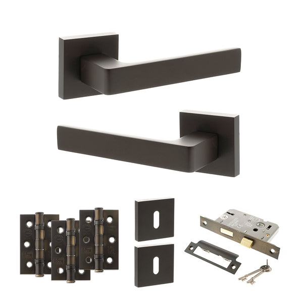 STATUS Montana Door Handle Pack (3 Lever Lock Set - 3" CE Sashlock, 3" Fire Rated Hinges x3) - Urban Dark Bronze - ADPS40SUDB15 - Choice Handles