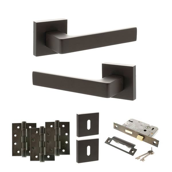 STATUS Montana Door Handle Pack (3 Lever Lock Set - 3" CE Sashlock, 4" Fire Rated Hinges x3) - Urban Dark Bronze - ADPS40SUDB17 - Choice Handles
