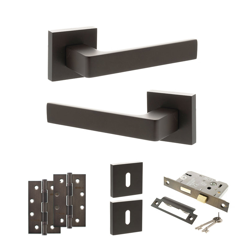 STATUS Montana Door Handle Pack (3 Lever Lock Set - 2.5" CE Sashlock, 4" Slim Knuckle Hinges x2) - Urban Dark Bronze - ADPS40SUDB18 - Choice Handles
