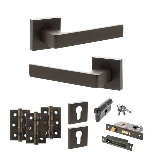 STATUS Montana Door Handle Pack (Euro Lock Set - 3" CE Sashlock, 3" Fire Rated Hinges x3) - Urban Dark Bronze - ADPS40SUDB21 - Choice Handles
