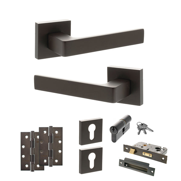 STATUS Montana Door Handle Pack (Euro Lock Set - 2.5" CE Sashlock, 4" Slim Knuckle Hinges x2) - Urban Dark Bronze - ADPS40SUDB24 - Choice Handles