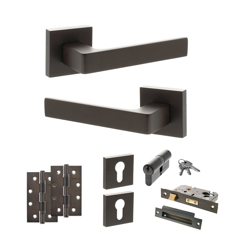 STATUS Montana Door Handle Pack (Euro Lock Set - 2.5" CE Sashlock, 4" Slim Knuckle Hinges x2) - Urban Dark Bronze - ADPS40SUDB24 - Choice Handles