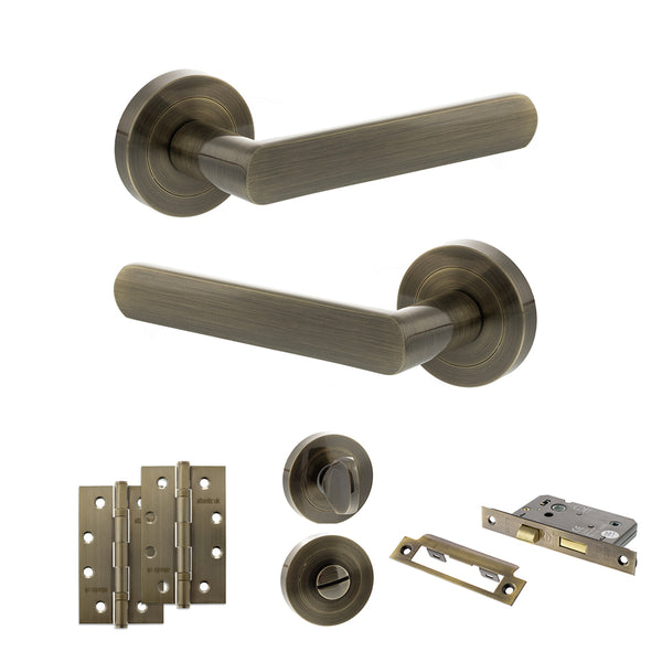 STATUS Carolina Door Handle Pack (Bathroom Set - 2.5" CE Bathroom Lock, 4" Slim Knuckle Hinges x2) - Antique Brass - ADPS42RAB12 - Choice Handles