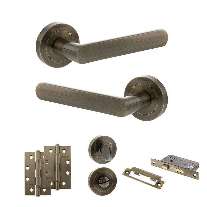 STATUS Carolina Door Handle Pack (Bathroom Set - 2.5" CE Bathroom Lock, 4" Slim Knuckle Hinges x2) - Antique Brass - ADPS42RAB12 - Choice Handles