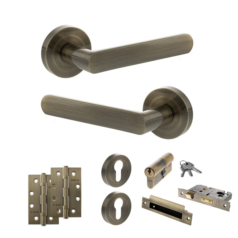STATUS Carolina Door Handle Pack (Euro Lock Set - 3" CE Sashlock, 4" Slim Knuckle Hinges x2) - Antique Brass - ADPS42RAB25 - Choice Handles
