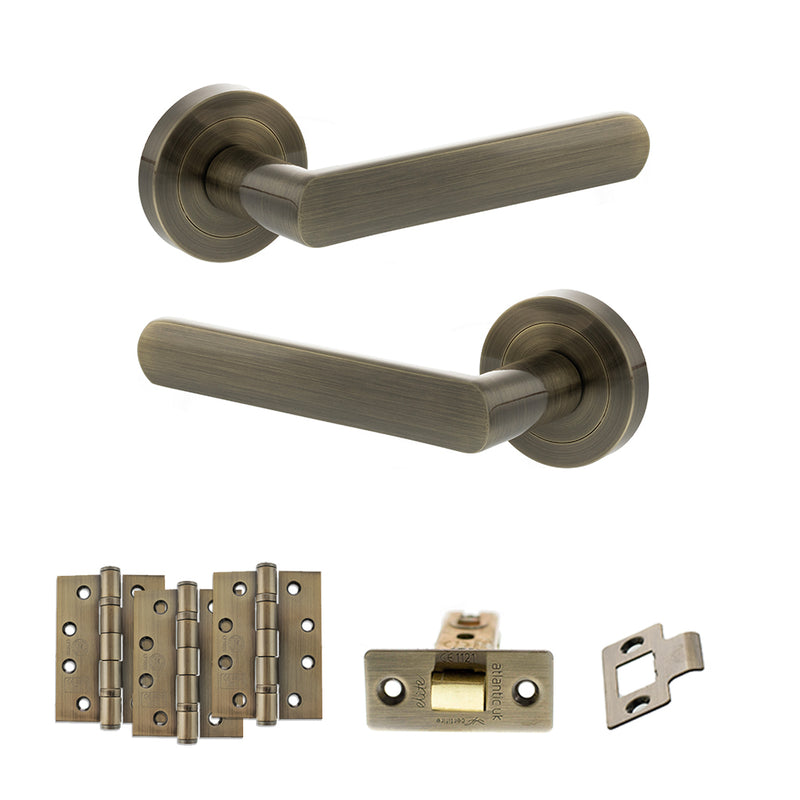 STATUS Carolina Door Handle Pack (Latch Set - 3" CE Latch, 4" Fire Rated Hinges x3) - Antique Brass - ADPS42RAB4 - Choice Handles
