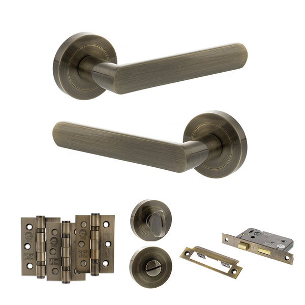 STATUS Carolina Door Handle Pack (Bathroom Set - 2.5" CE Bathroom Lock, 3" Fire Rated Hinges x3) - Antique Brass - ADPS42RAB8 - Choice Handles