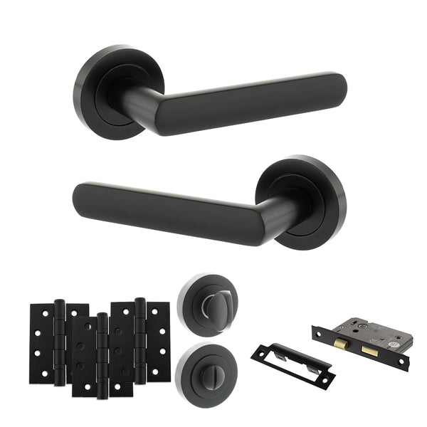 STATUS Carolina Door Handle Pack (Bathroom Set - 2.5" CE Bathroom Lock, 4" Fire Rated Hinges x3) - Matt Black - ADPS42RMB10 - Choice Handles