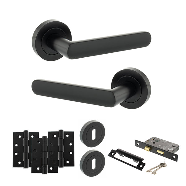 STATUS Carolina Door Handle Pack (3 Lever Lock Set - 2.5" CE Sashlock, 4" Fire Rated Hinges x3) - Matt Black - ADPS42RMB16 - Choice Handles