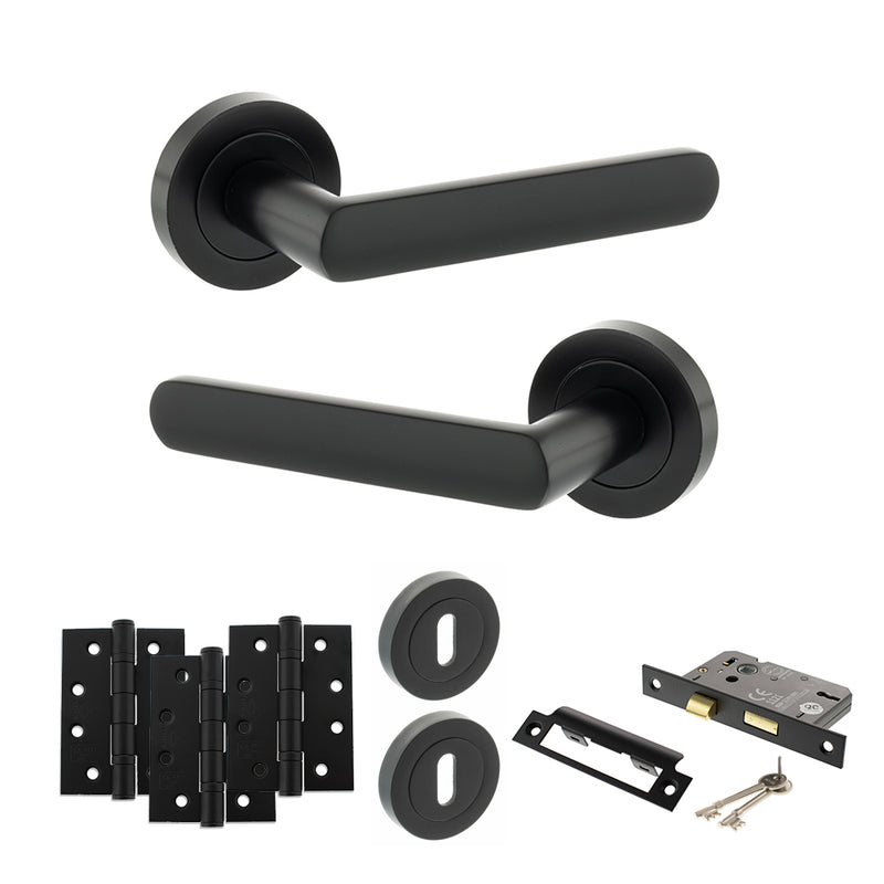 STATUS Carolina Door Handle Pack (3 Lever Lock Set - 2.5" CE Sashlock, 4" Fire Rated Hinges x3) - Matt Black - ADPS42RMB16 - Choice Handles