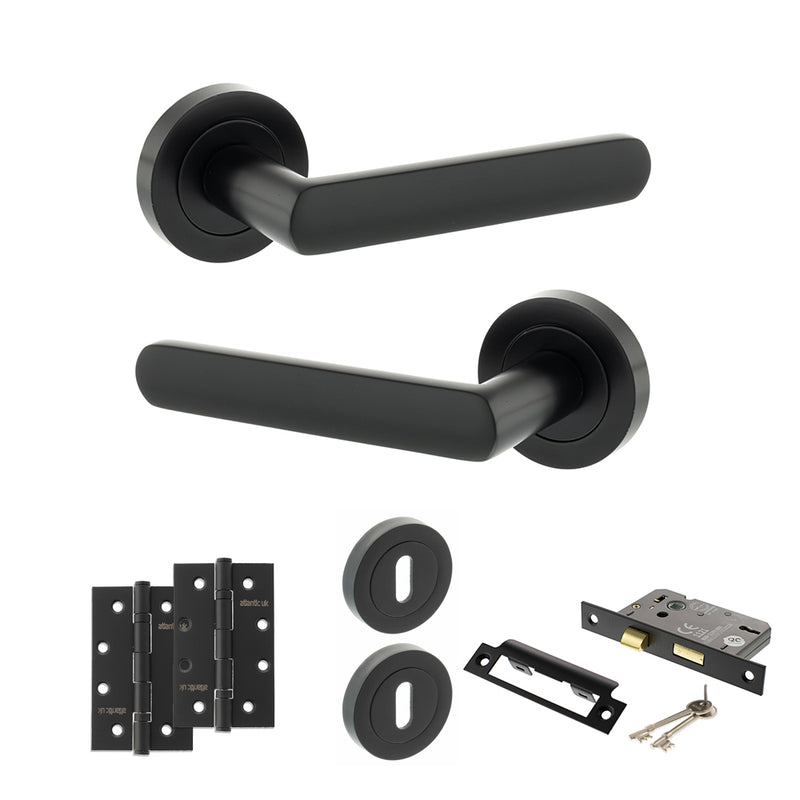 STATUS Carolina Door Handle Pack (3 Lever Lock Set - 2.5" CE Sashlock, 4" Slim Knuckle Hinges x2) - Matt Black - ADPS42RMB18 - Choice Handles