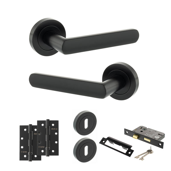 STATUS Carolina Door Handle Pack (3 Lever Lock Set - 3" CE Sashlock, 4" Slim Knuckle Hinges x2) - Matt Black - ADPS42RMB19 - Choice Handles
