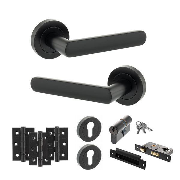 STATUS Carolina Door Handle Pack (Euro Lock Set - 2.5" CE Sashlock, 3" Fire Rated Hinges x3) - Matt Black - ADPS42RMB20 - Choice Handles