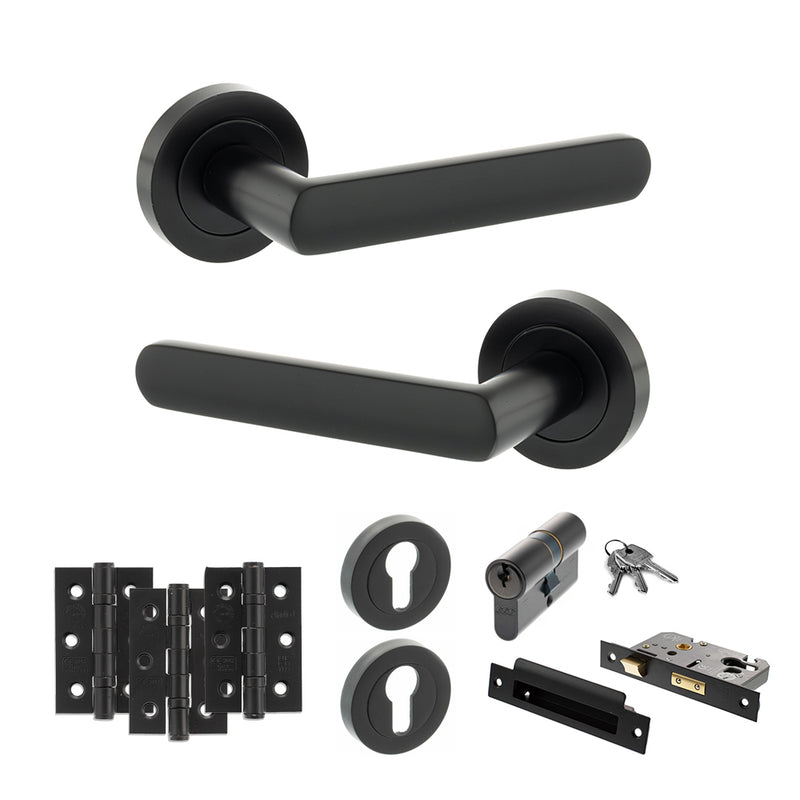 STATUS Carolina Door Handle Pack (Euro Lock Set - 2.5" CE Sashlock, 3" Fire Rated Hinges x3) - Matt Black - ADPS42RMB20 - Choice Handles