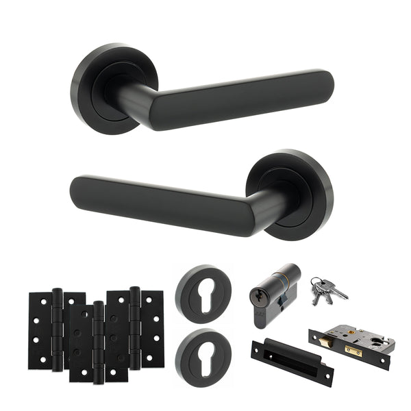 STATUS Carolina Door Handle Pack (Euro Lock Set - 2.5" CE Sashlock, 4" Fire Rated Hinges x3) - Matt Black - ADPS42RMB22 - Choice Handles