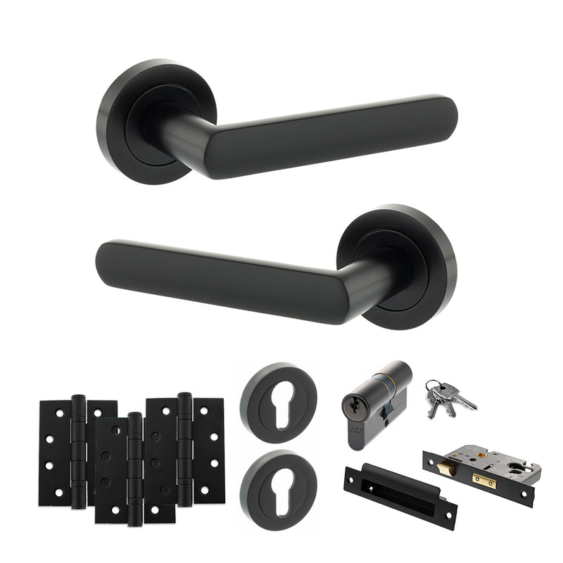 STATUS Carolina Door Handle Pack (Euro Lock Set - 2.5" CE Sashlock, 4" Fire Rated Hinges x3) - Matt Black - ADPS42RMB22 - Choice Handles
