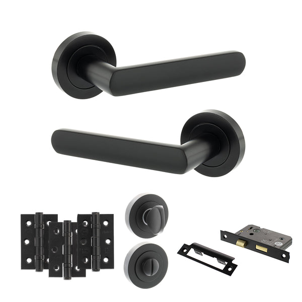 STATUS Carolina Door Handle Pack (Bathroom Set - 2.5" CE Bathroom Lock, 3" Fire Rated Hinges x3) - Matt Black - ADPS42RMB8