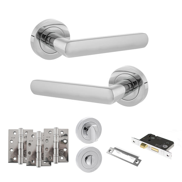 STATUS Carolina Door Handle Pack (Bathroom Set - 2.5" CE Bathroom Lock, 4" Fire Rated Hinges x3) - Polished Chrome - ADPS42RPC10 - Choice Handles