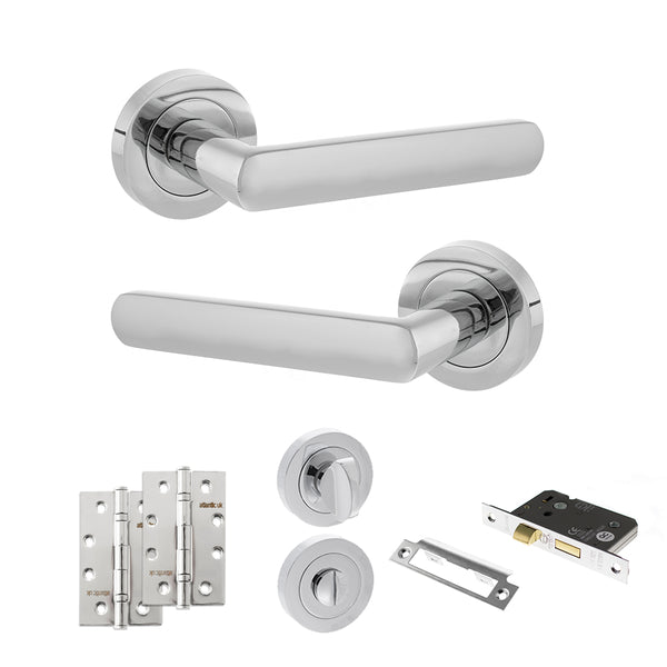 STATUS Carolina Door Handle Pack (Bathroom Set - 2.5" CE Bathroom Lock, 4" Slim Knuckle Hinges x2) - Polished Chrome - ADPS42RPC12 - Choice Handles