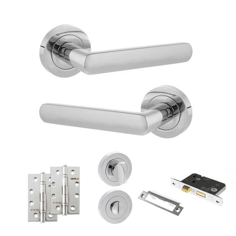 STATUS Carolina Door Handle Pack (Bathroom Set - 2.5" CE Bathroom Lock, 4" Slim Knuckle Hinges x2) - Polished Chrome - ADPS42RPC12 - Choice Handles
