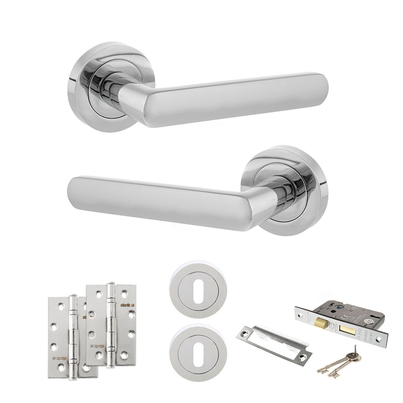 STATUS Carolina Door Handle Pack (3 Lever Lock Set - 2.5" CE Sashlock, 4" Slim Knuckle Hinges x2) - Polished Chrome - ADPS42RPC18 - Choice Handles