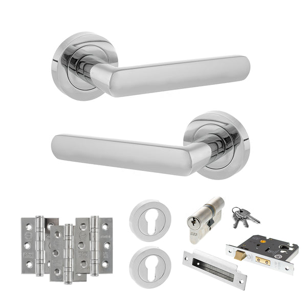 STATUS Carolina Door Handle Pack (Euro Lock Set - 2.5" CE Sashlock, 3" Fire Rated Hinges x3) - Polished Chrome - ADPS42RPC20 - Choice Handles
